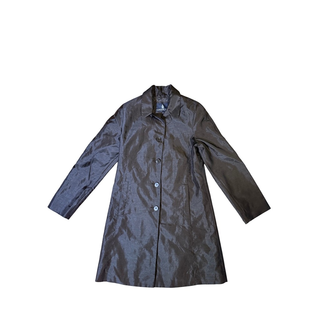 London Fog Womens Small Grey Brocade Sheen Trench Coat Button Front Jacket S REG